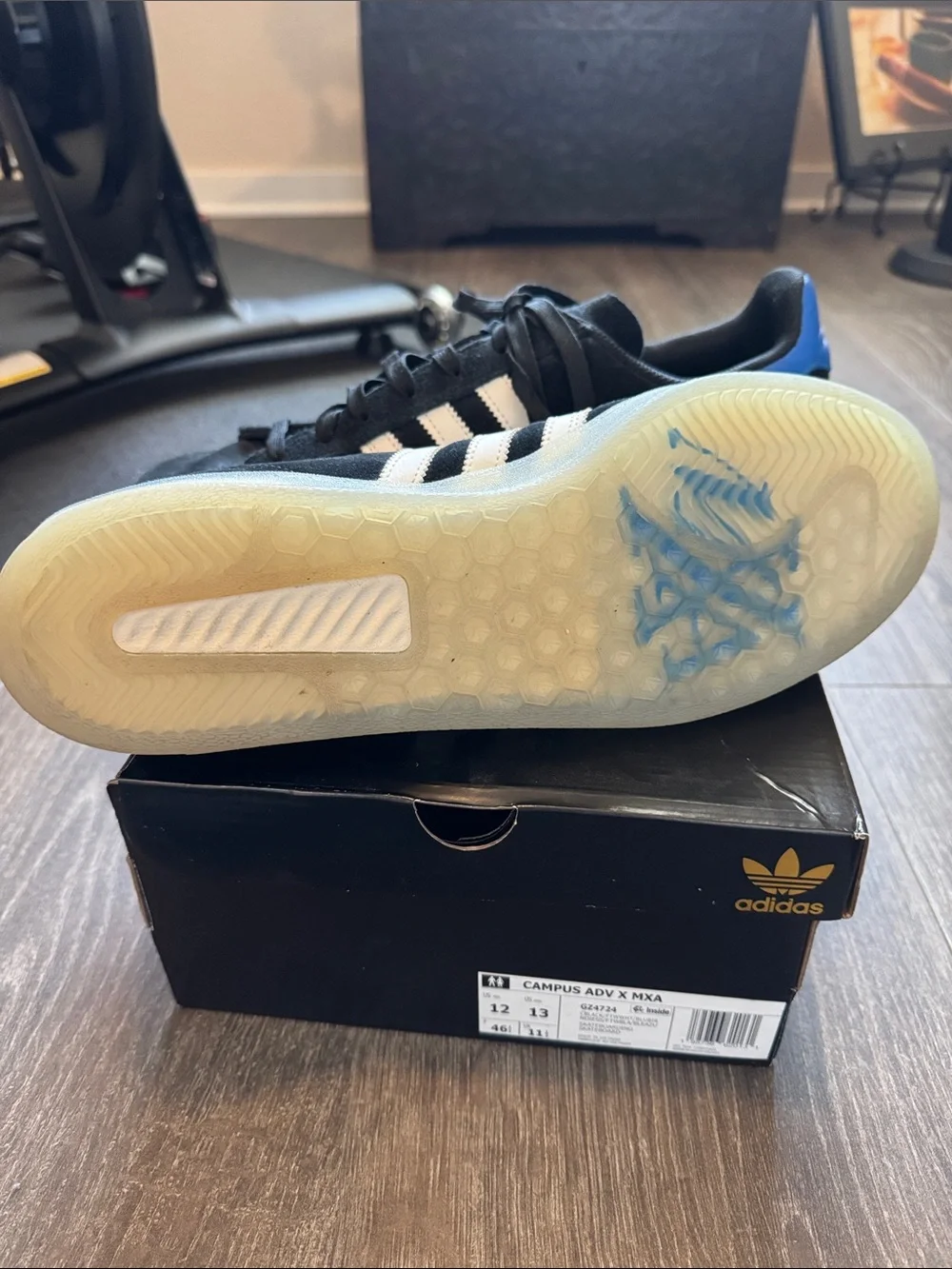 adidas Black Suede Campus Sneakers with White Stripes and Blue Heel